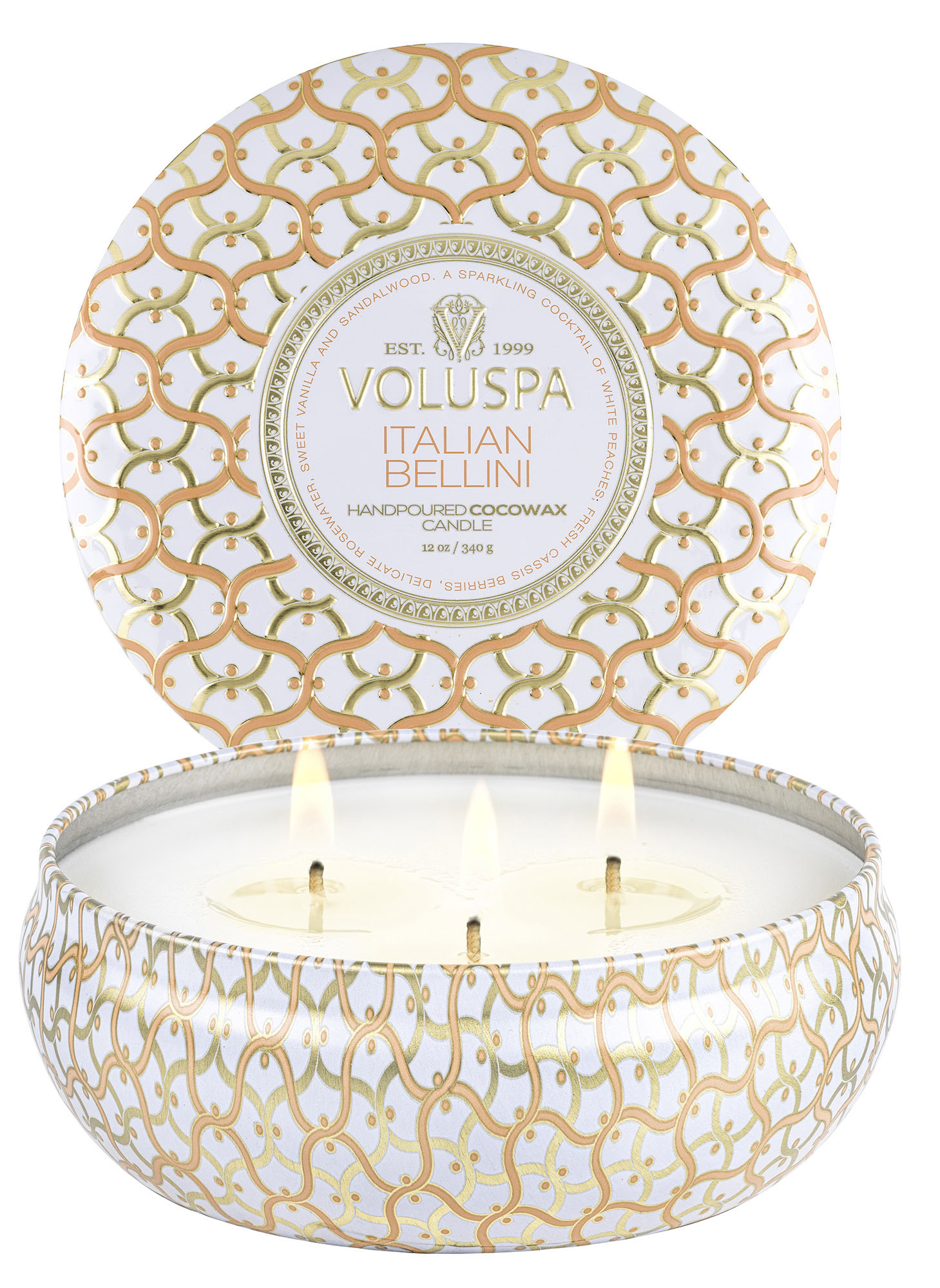 Ароматическая свеча Voluspa в декоративной банке с 3 фитилями, Итальянский Беллини 340 гр