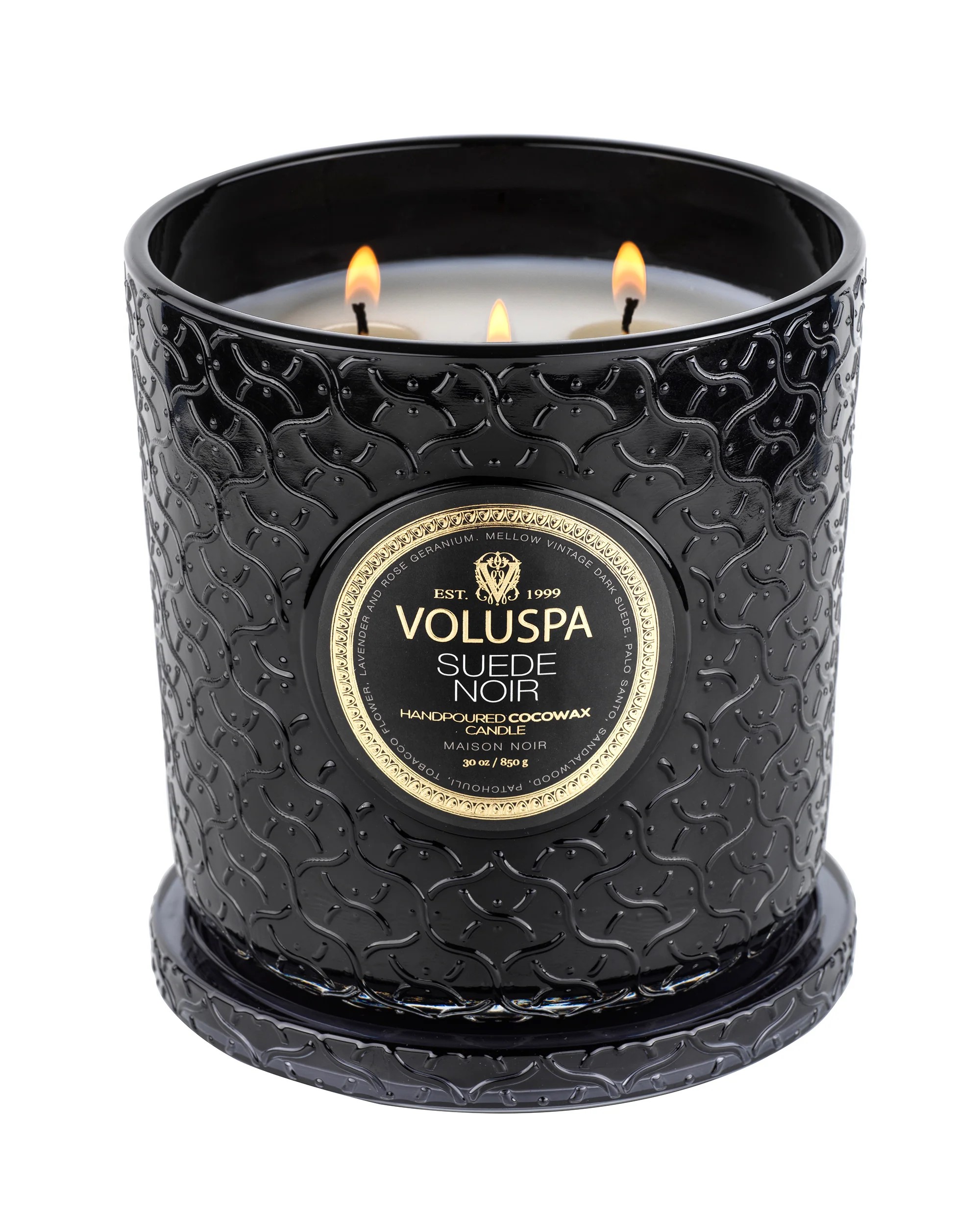 Ароматическая свеча Voluspa в стеклянной банке с 3 фитилями, Черная замша 850 гр