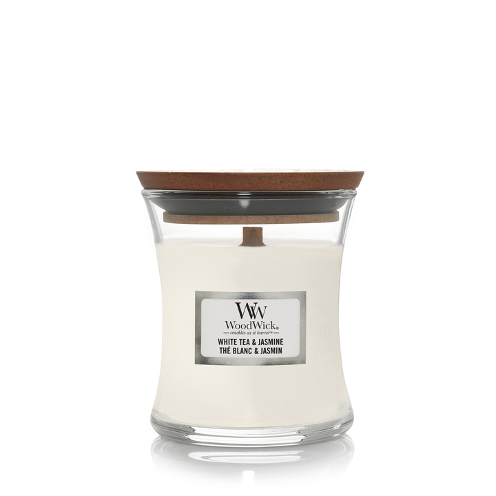 Ароматическая свеча WoodWick маленькая, Белый чай и Жасмин 86 гр